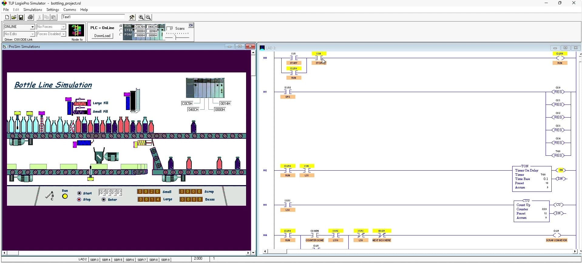 Bottling line simulation running alongside the ladder logic program in LogixPro